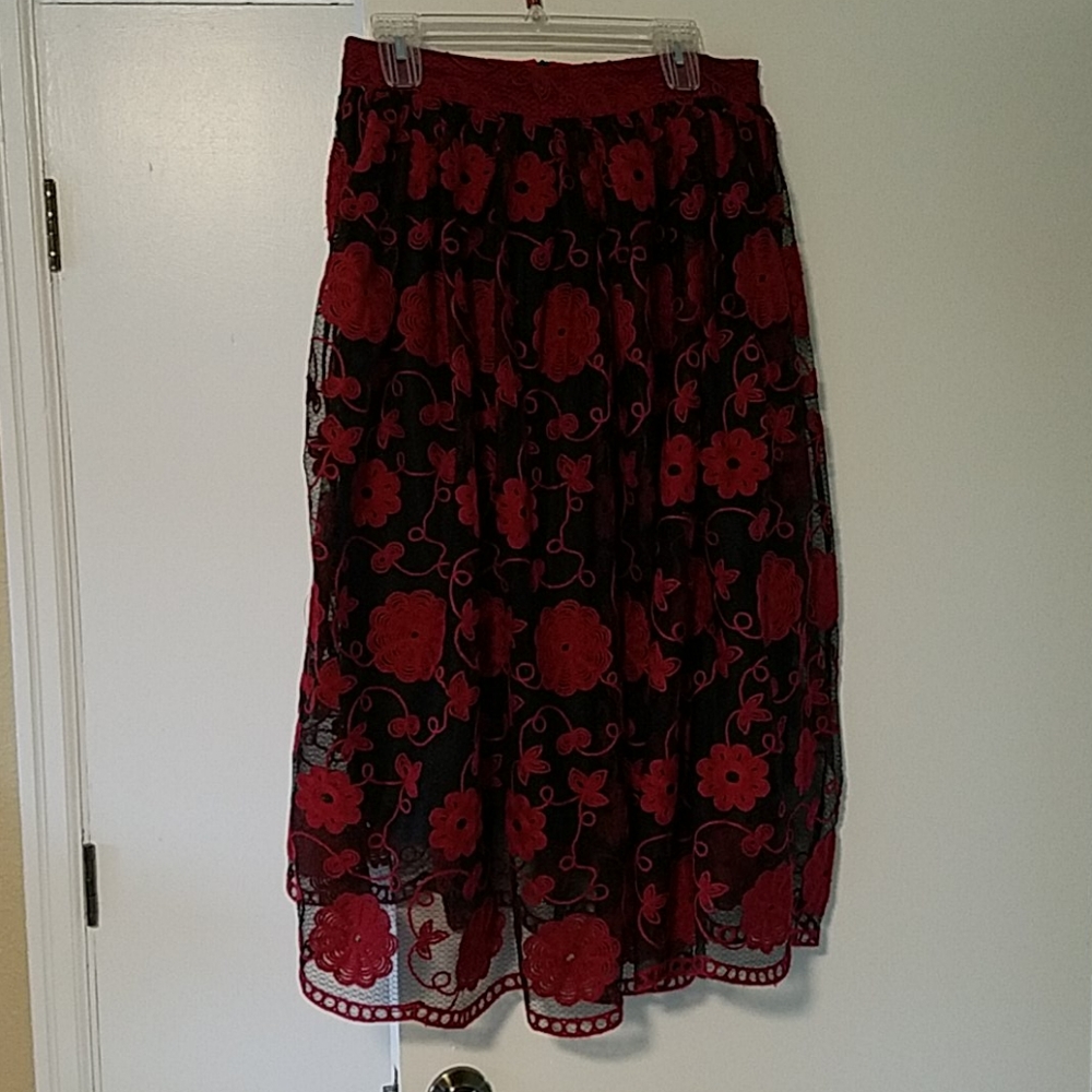 Voodoo Vixen Red and Black Floral Midi Skirt